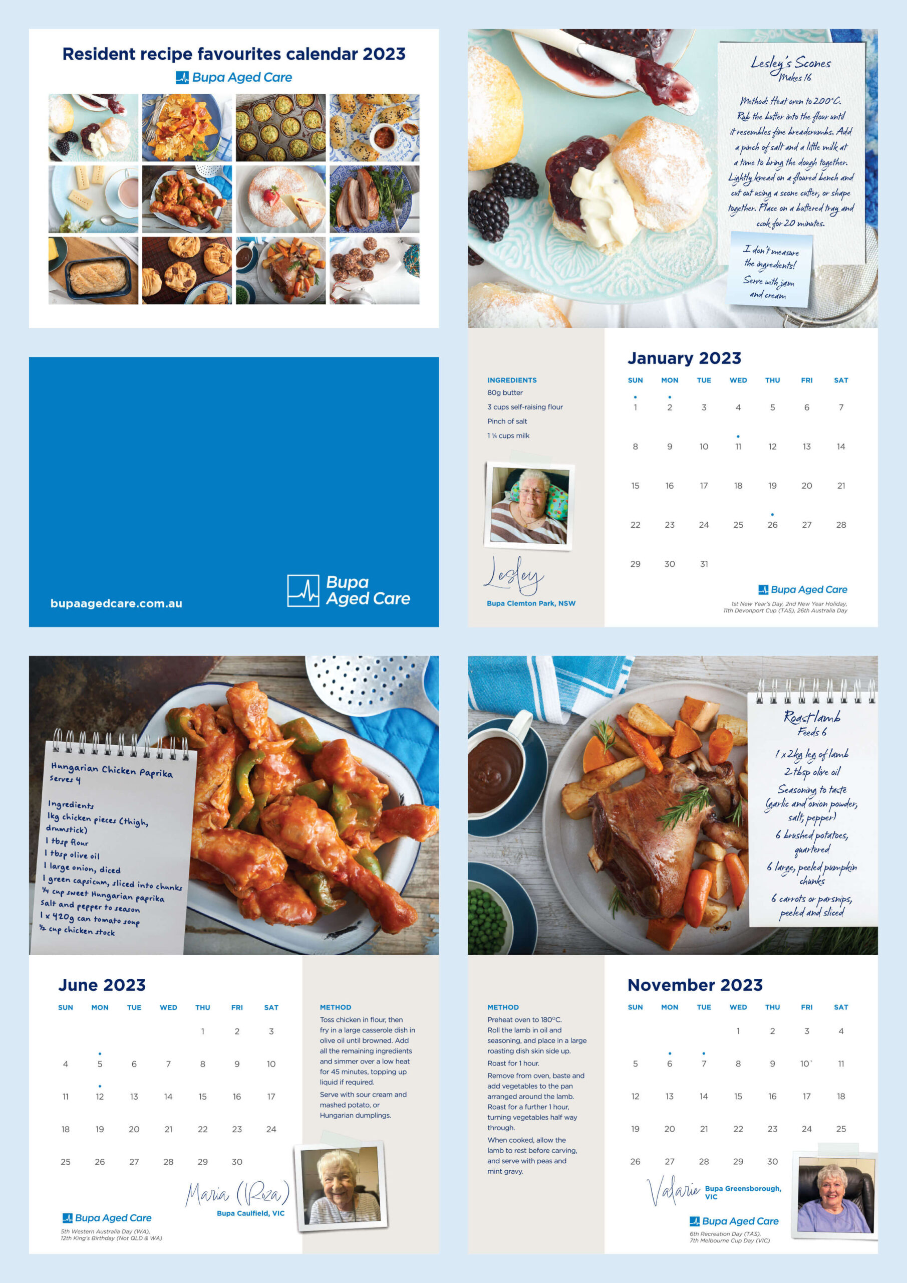Cover and spreads of 2023 Bupa Aged Care recipe calendar
