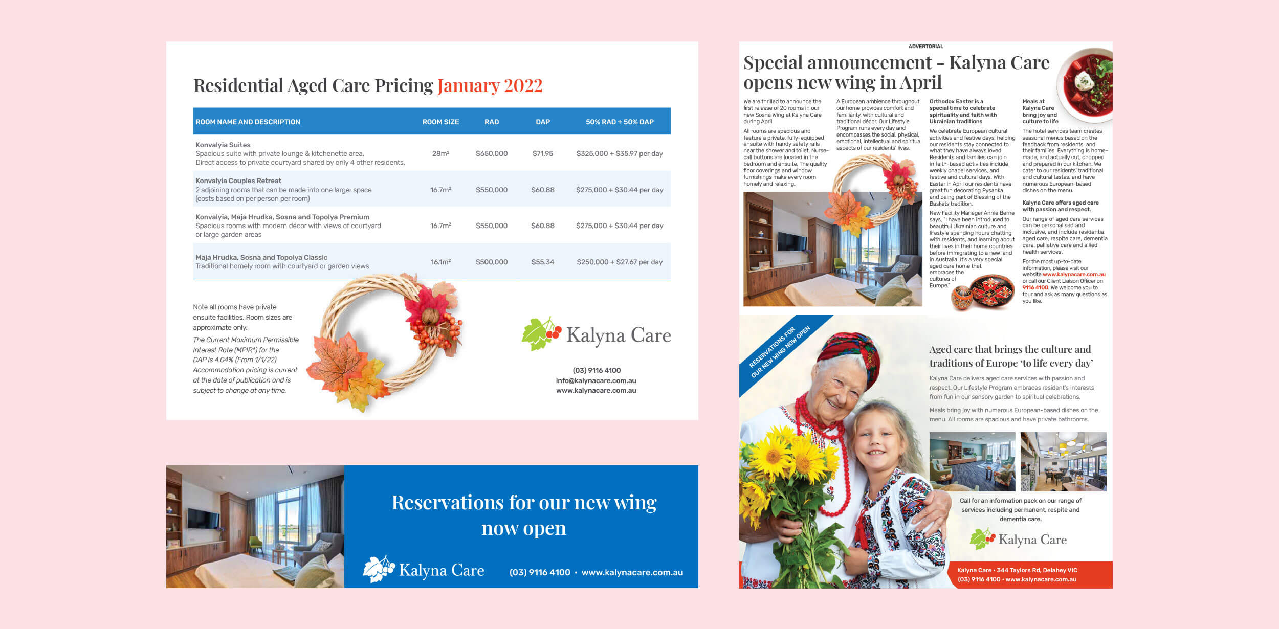 Various Kalyna Care printed work. Price list, signage, advertorial and pricing sheet